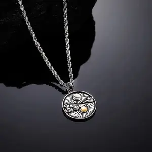 Retro Morning and Evening Necklace Sun, Moon and Stars Round Pendant Fashionable Old-fashioned Cold Style All-match Necklace