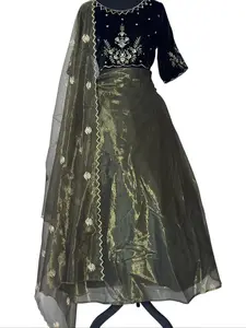 Embroidered Designer Anarkali Dress Elegant Black Yoke Top and Olive Green Gown Traditional Attire with Gold Accents