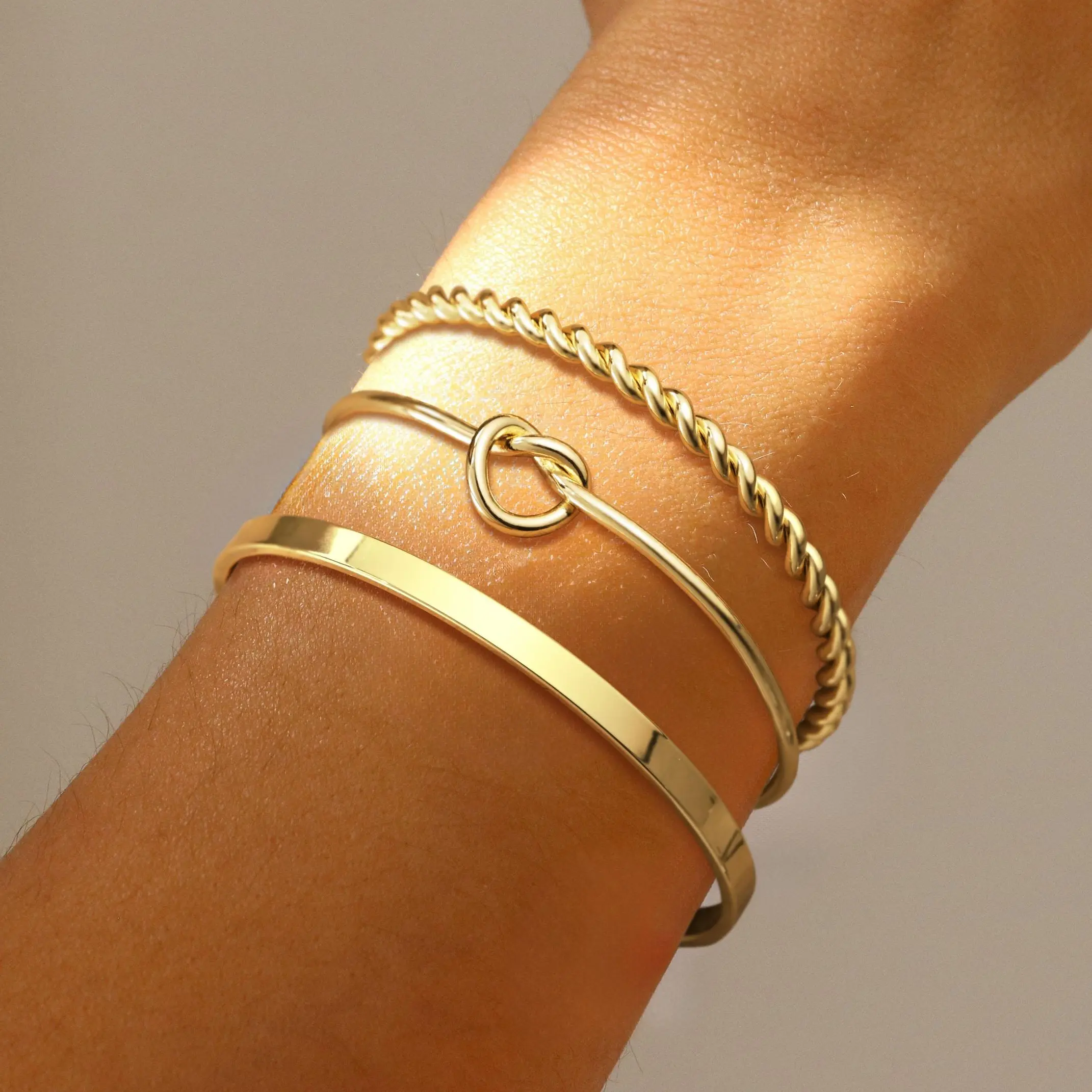 Tewiky Women's Dainty Gold-Plated Cuff Bangle Set, Non-Tarnish Layered Look Gold Design Bracelets & Bangles, Waterproof Adjustable Costume Jewelry Trendy Gifts