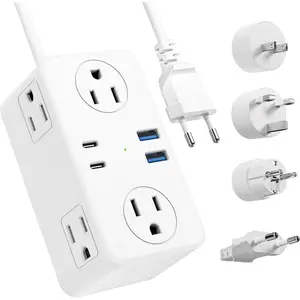 SQ-APT023 European Travel Plug Adapter, EU/UK/US Travel Plug Adapter Power Strip, 6 AC Outlets, 4 USB Ports (2 USB C), 3ft Wrapped Around Extension Cord, Universal Travel Adapter