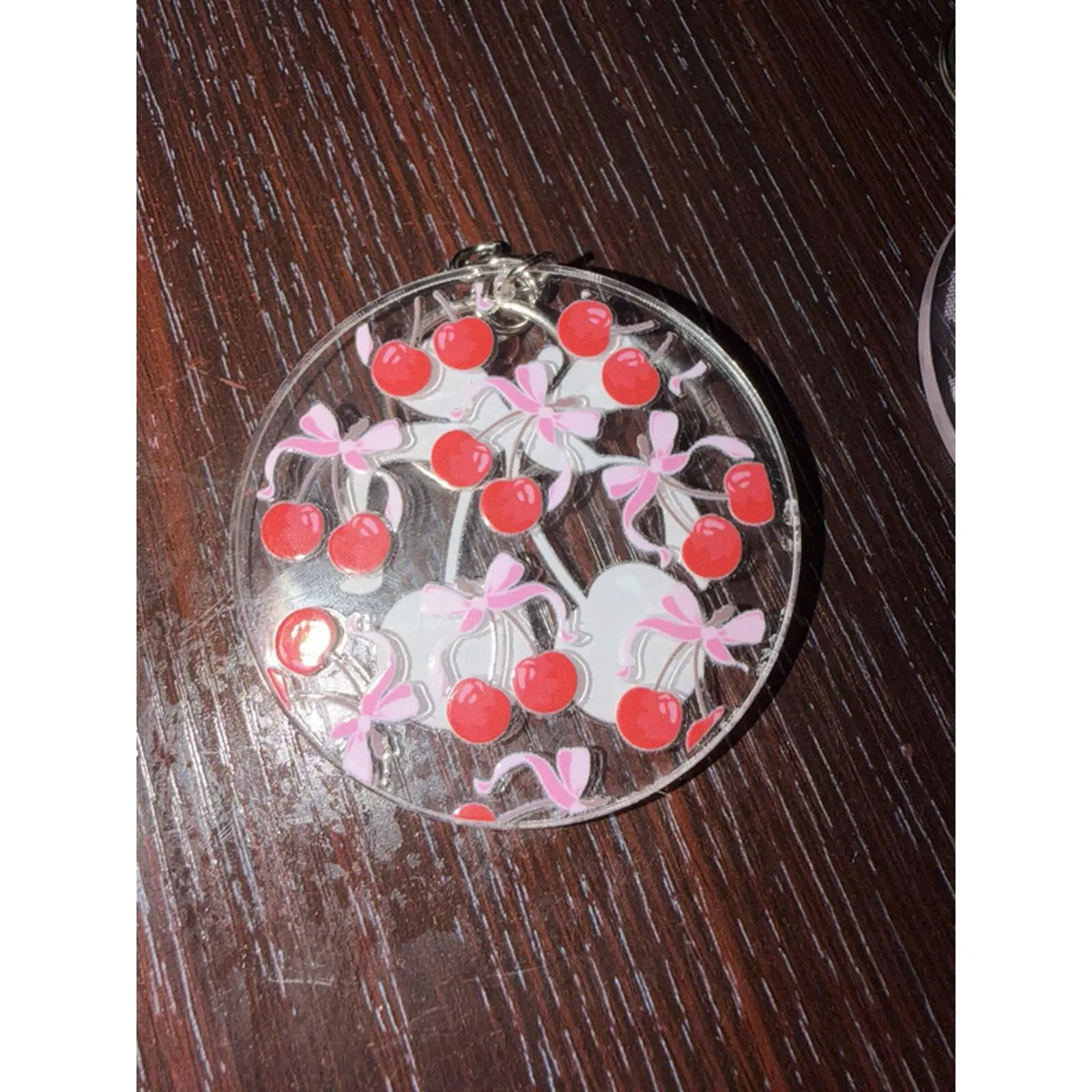 Cherry Pattern Clear Round keychain  with Pink Ribbons and Red Cherries for Women's Accessories
