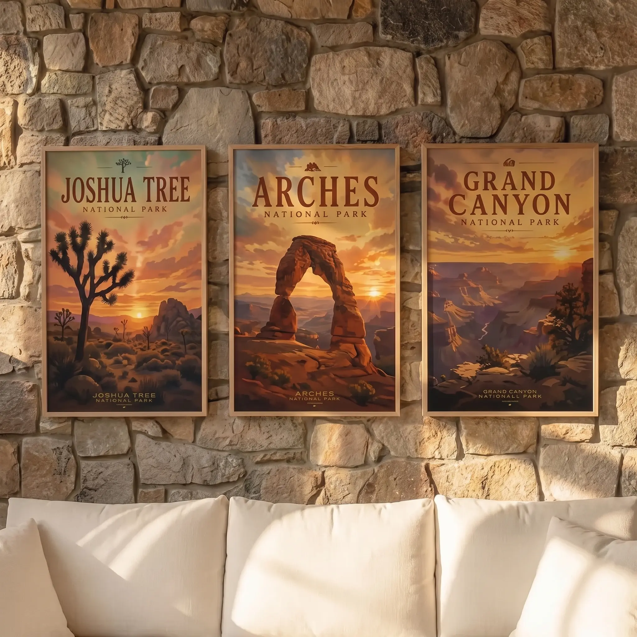 Set of 3 National Park Glossy Posters, Grand Canyon, Joshua Tree, Arches Wall Art, Vintage Travel Prints, Scenic Landscape Home Decor Gift