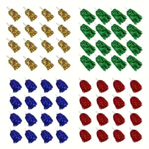 [Metallic Pom Poms] 16-Pack Metallic Foil Cheerleading Pom Poms | Durable PET & Fiber Material, Red/Green/Golden, with Baton Handles | for Sports, Dance, Stage Performances, New Year Celebrations
