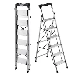 VEVOR 6 Step Ladder, Folding Step Stool with Wide Anti-Slip Pedal and Comfort Handgrip, 330 lbs Capacity Portable Aluminum Stepladder, Multi-Use for Kitchen, Warehouse, Household and Office, Silver