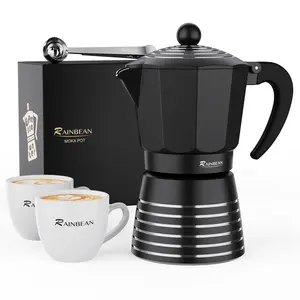 Black Moka Pot, Stovetop Espresso Pot, 6-Cup Capacity, Comes with Powder Scoop and Tongue, Italian, Cuban, and Greek Coffee Pot, Made of Aluminum, Durable, Easy to Use and Clean, Coffee Percolator, 300ml Classic Model (Cup Not Included)