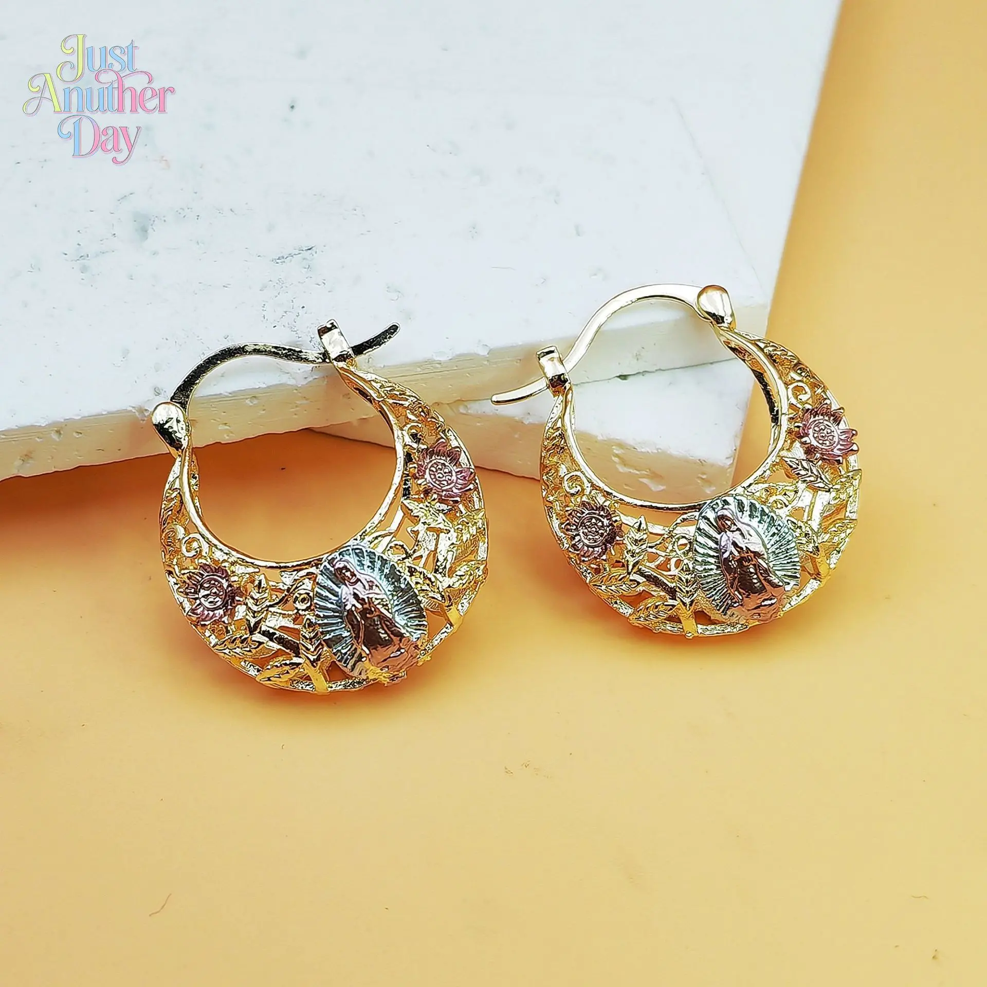Unisex Catholic Virgin Mary Hoop Earrings - Tri-Tone Filigree Design with Floral Accents, Religious Jewelry with Secure Click Top Closure, Durable Comfortable Accessory for Prayer & Daily Wear, Ideal Gift