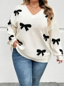 A set of women's bow patterned knitted sweaters and cardigans, suitable for autumn and winter, suitable for home, indoor, and outdoor wear, Knitwear