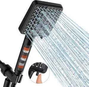 Filtered Shower Head Black - 6 Modes High Pressure Handheld Shower Head with Filter Mineral Beads, Detachable Handheld Showerhead Set with Stainless Steel Hose and Shower Arm Bracket