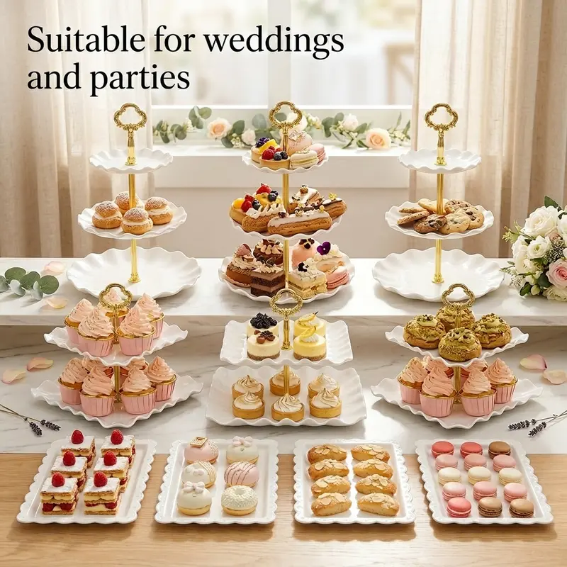 10pcs Tableware Cake Stand Set - 3 Double-Tier Cupcake Holders, 3 Triple-Tier Cupcake Holders, 4 Appetizer Trays - Ideal for Birthdays, Bridal Showers, Cupcake Holder