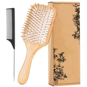 Natural Wooden Bamboo Hair Brush with Detangle Tail Comb Paddle for Women Men Kids Thin Long Curly Hair Health Massage Scalp Friendly Material