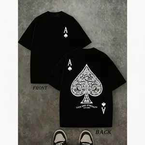 Retro Washed T-Shirt Double Sided Printed (230 Pure Cotton T-Shirt) 'LUCK AND STRENGTH'  Letter And Ace Of Spades Pattern Print, Men's T-Shirt, Men's Casual, Comfortable, Fashionable T-Shirt, Street Style Cotton