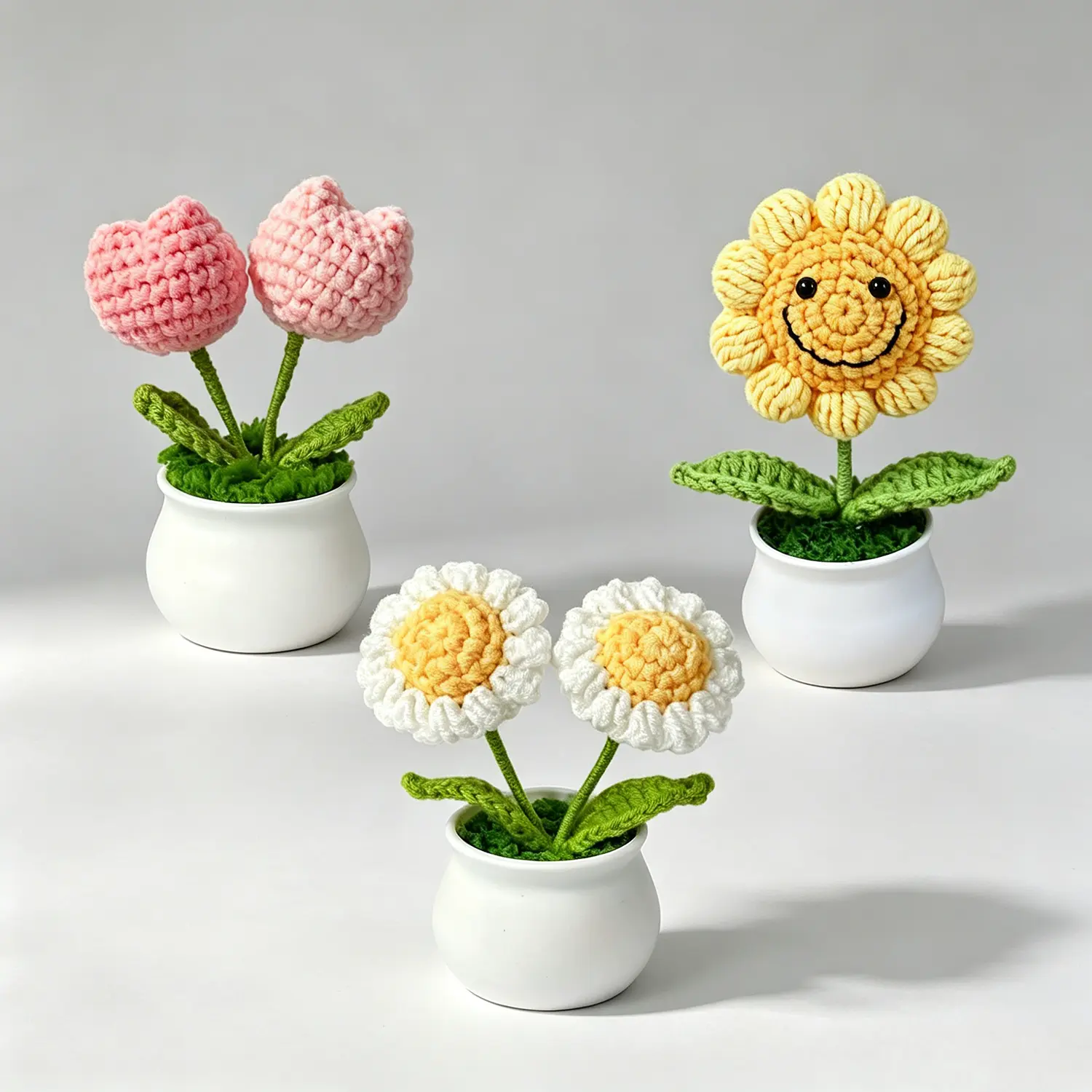 3-Pack Lightweight Mini Acrylic Yarn Crochet Floral Potted Plants Set - Handmade Knitted Sunflower, Tulip, Daisy Decorative Fake Micro Bonsai with Plastic Pots (Base Width:2.4", Height:4.1"-4.72") for Desk Decor, Nursing Eye Care, Box Packaging Included,