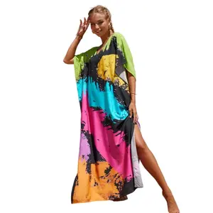 Plus Size Mumu Dresses for Women - Boho Batwing Sleeve Caftan with Side Slits, Long Moo Moo Nightgown & Beach Cover Up - ink wash