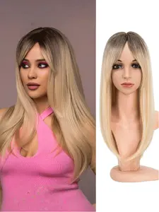 Women Hair Toppers 18 Inch Long Clip in Hair Pieces Blunt Wispy Bangs Design 360° 3D Ombre Dark Root Blonde Hair Replacement for Thinning Hai