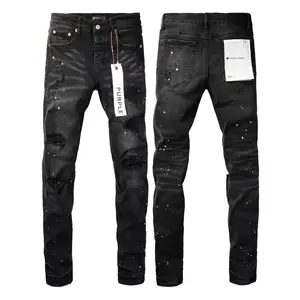 Men's jeans, casual and comfortable, perforated, fashionable straight leg slim fit jeans, torn elastic jeans, denim pants, street wear, black fabric men's clothing