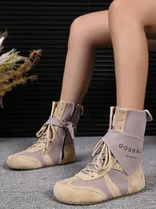 Women's High-Top Boots, Vintage Style Lace-Up Side Zipper Work Booties, Casual Retro Short Shoes for Fall Season, Cowgirl Combat Boot