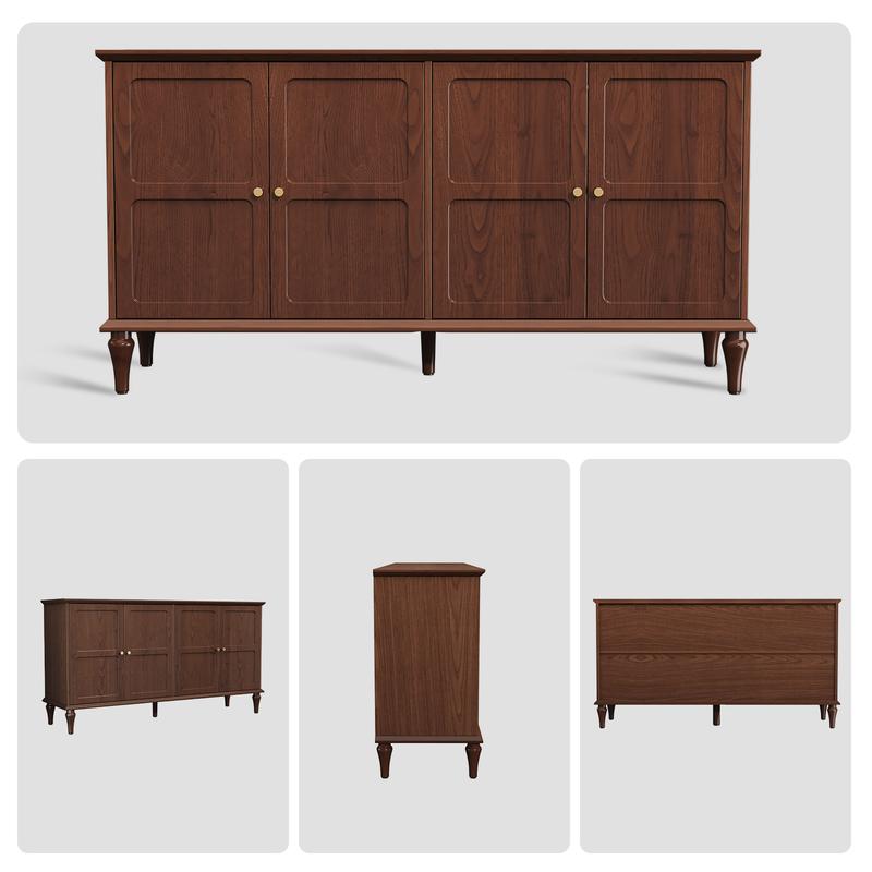 Mid-Century Modern Sideboard Buffet Cabinet, Walnut Wood 4-Door Storage Credenza, Large Capacity, Farmhouse Home Furniture, Entryway Living Room Dining Room, Scratch-Resistant Surface, Hidden Storage Organizer