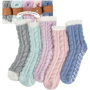 Fuzzy Socks with Grips for Women, 5 Pairs Soft Fluffy Sleep Cozy  Socks Non Skid Plush Slipper Socks Gifts
