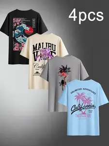 Men's Artistic Letter Tropical Palm Tree Print Round Neck Short Sleeve T-Shirt 3-Pack, Casual Comfortable Top for Summer Outdoor Wear, Casual Summer Tee