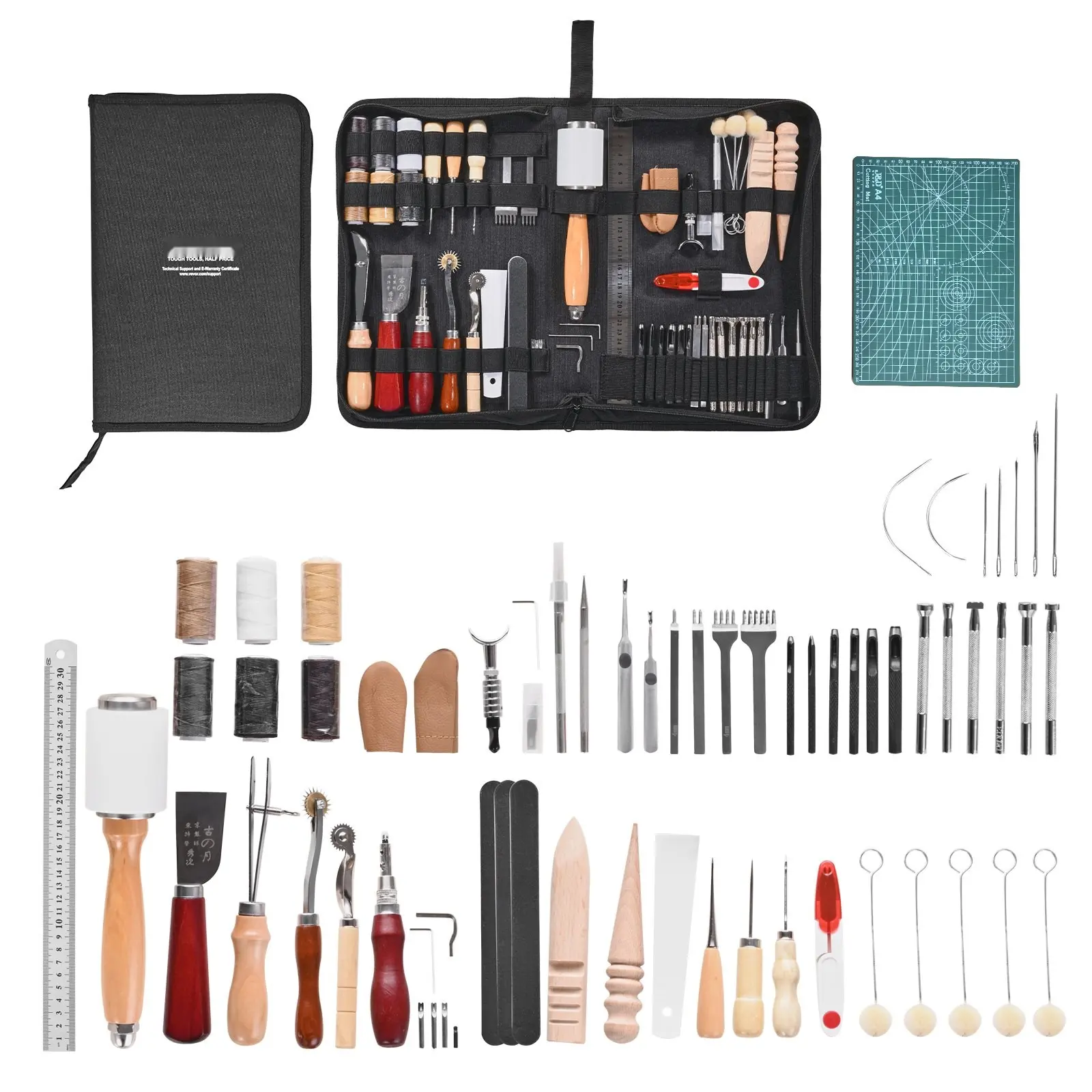 Leather Working Tools Kit 59 Piece Set With Engraving, Punching And Stamping Tools For Leather Craft, DIY Projects, Carving, Etching, Stitching And Sewing Accessories, Professional Grade Starter Kit For Beginners And Pros