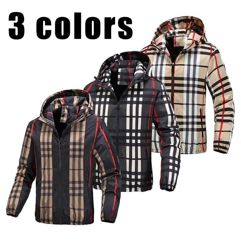 Men’s striped casual jacket for spring and autumn, made from lightweight polyester fabric; a portable, easy-to-store outerwear piece for commuting and travel with a hood design—versatile for outings.