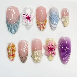 3D Seashell Press On Nails | Pastel Ombre Jelly Flower Almond Nails | Mermaidcore Luxury Gift