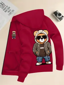 Spring and Autumn new men's zip jacket bear print pattern hooded sweatshirt regular large size leisure sports fitness running travel holiday outdoor camping men's top clothes