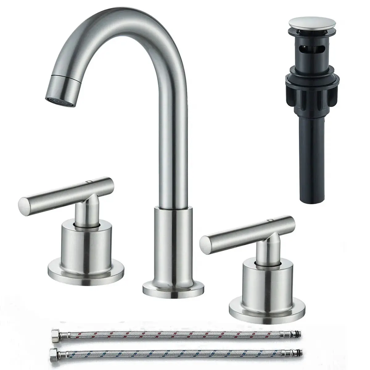 Local Warehouse Modern Industrial 8-Inch Widespread 2-Handle Centerset Fit Sink Faucet - 3-Hole Mount, Lead-Free Brass & Plastic RV Bathroom Vanity Faucet with Pop-Up Drain, Hot-Cold Mixing Supply Lines (Brushed Gold, Matte Black, Brushed Nickel)