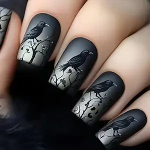 Short Dark Halloween Raven Fake Nails, 24pcs Detachable Wearable Nail Art, Cool Tree Design, Easy Daily Party Holiday Use