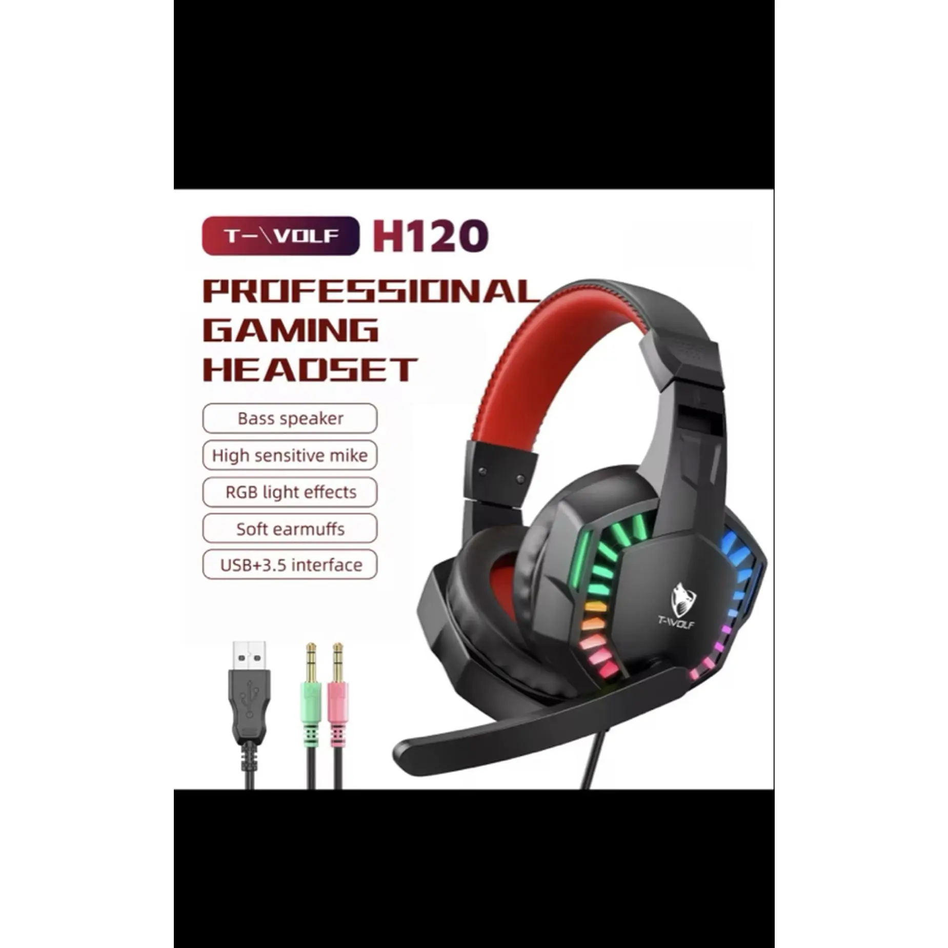 T-VOLF H120,H150 Professional Gaming Headset with Bass Speaker High Sensitive Mike RGB Light Effects Soft Earmuffs USB 3.5 Interface. RGB Wired Gaming Headset with Microphone, USB & 3.5mm Over‑Ear Headphones for PC Laptop PS4 PS5 Mobile, Adjustable Noise‑