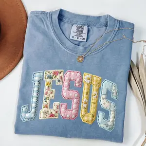 Comfort Colors Jesus Shirt Christian Graphic Tee Faux Quilted Patch Jesus Shirt Trendy Faith Shirt Religious Gift for Women Floral Tee