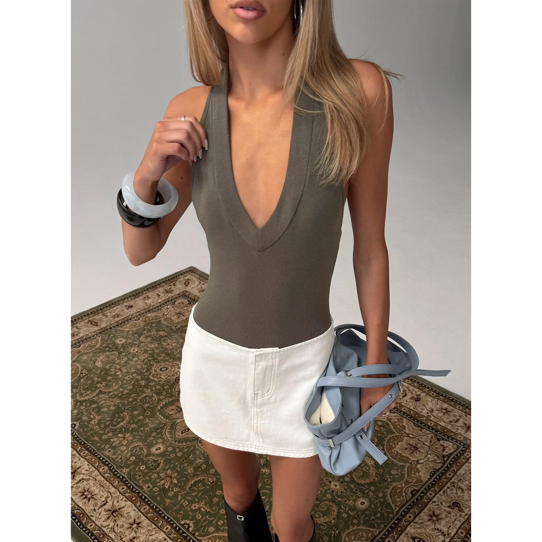 Juliannea V Neck Halter Bodysuit Charcoal