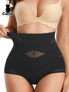 【Plus Size】 Solid Color Mesh Criss Cross Design High Waist Shapewear Panty, Breathable Comfortable Tummy Control Butt-lifting Shaper, Tummy Control Butt Lifter, Ladies Shapewear Bottoms