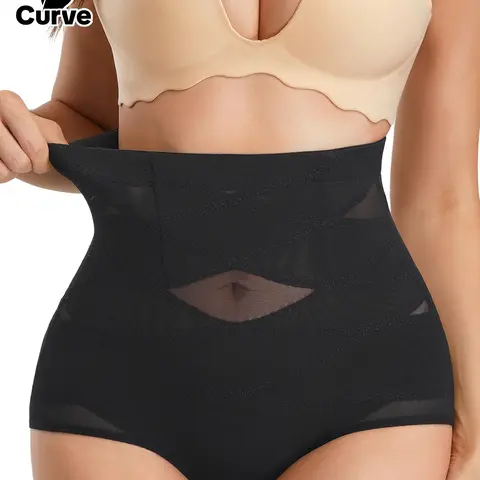 【Plus Size】 Basic Solid Color Mesh Criss Cross Design High Waist Shapewear Panty, Breathable Comfortable Tummy Control Butt-lifting Shaper, Tummy Control Butt Lifter, Ladies Shapewear Bottoms
