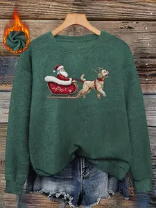 Women's Christmas Santa & Golden Retriever Print Sweater, Long Sleeve Round Neck Pullover, Soft Elastic Fabric, Casual Fall Winter Top