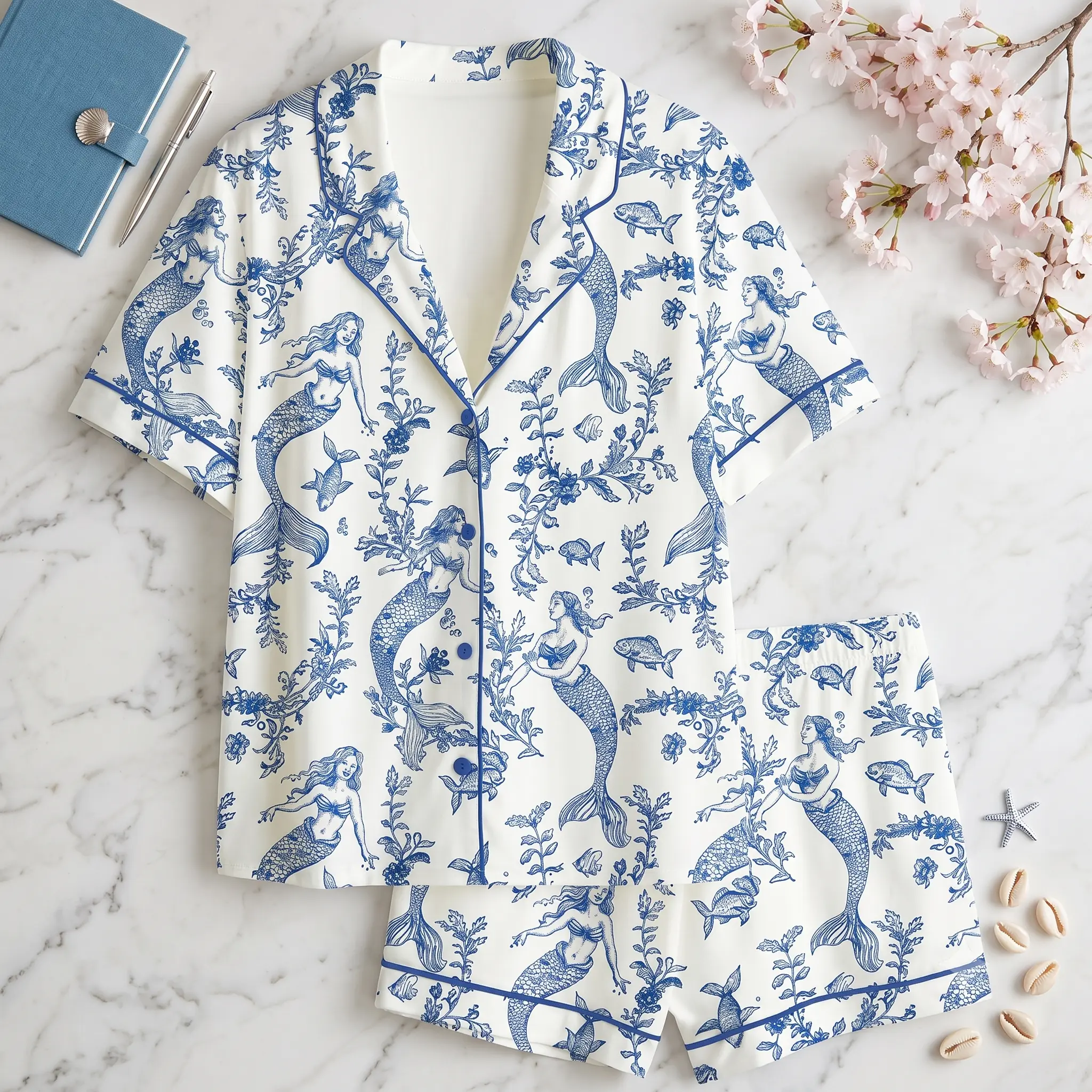 Women's Mermaid Toile de Jouy Pajama Set, Blue Aesthetic Luxury Sleepwear, Premium Birthday Gift for Women