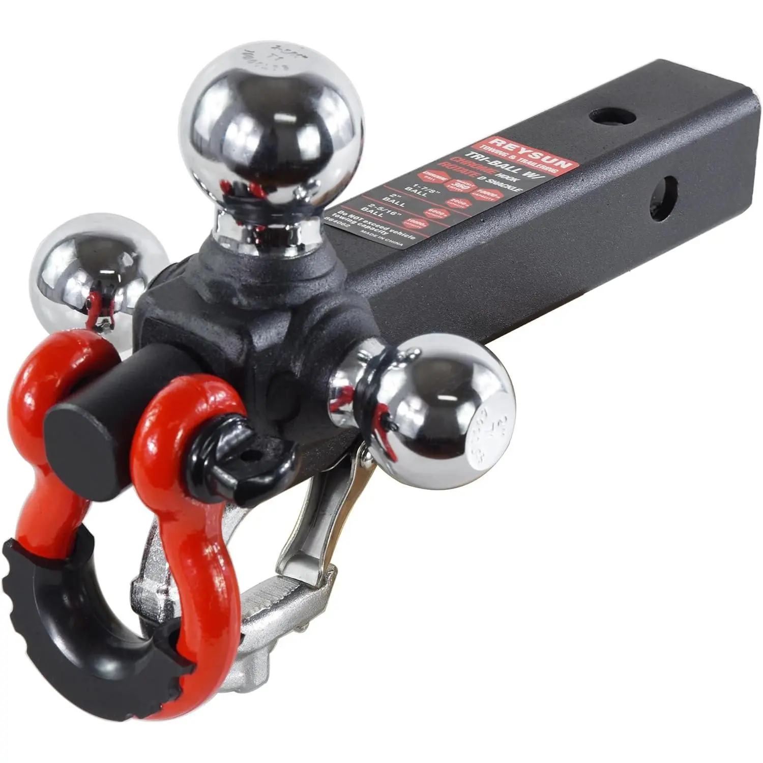 Heavy-Duty Steel Chrome Trailer Tri-Ball Hitch, Boating Accessory with Rotatable Tow Shackle, Tow Hook, and 2-In Multi-Capacity Receiver Compatibility