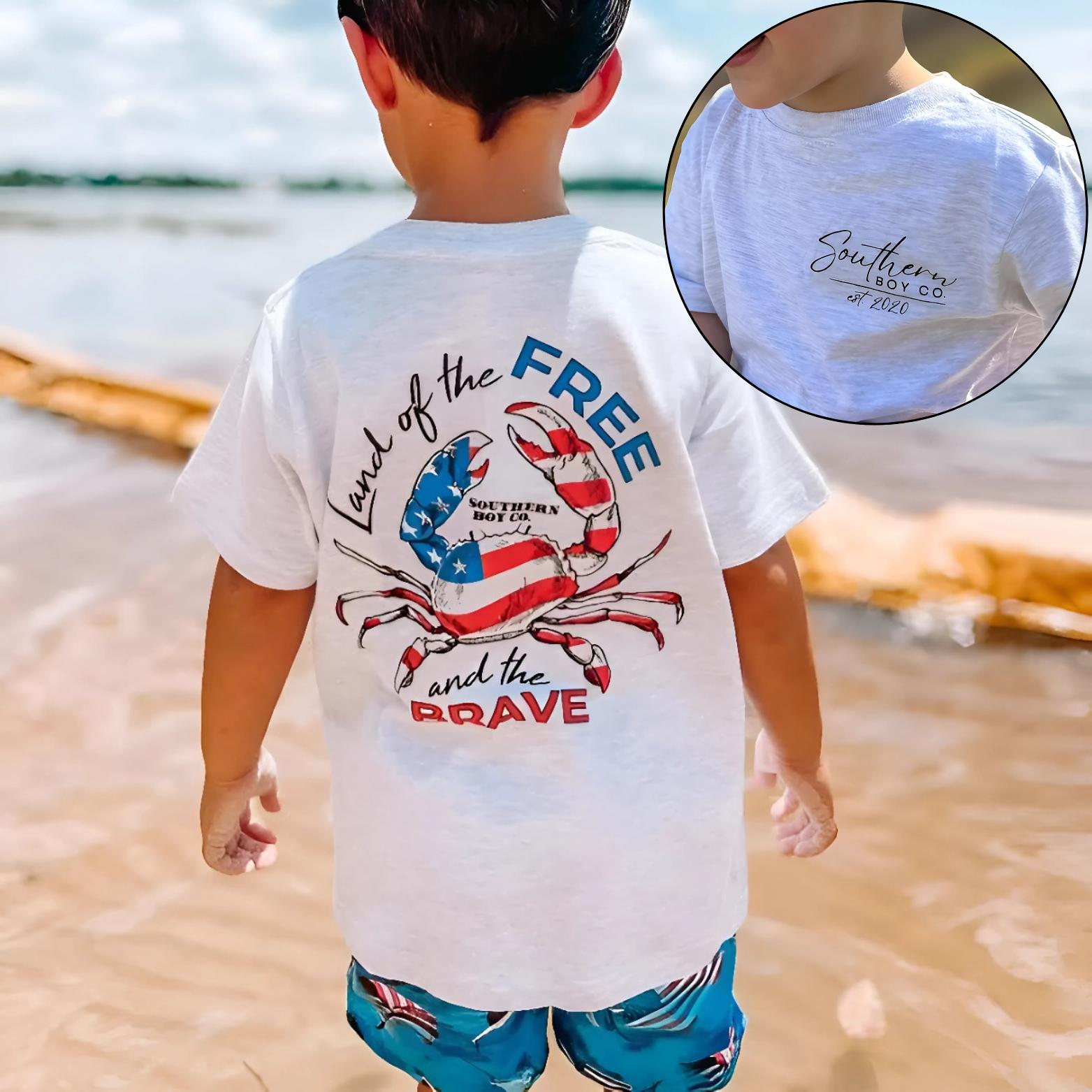 Youth & Adult Land of the Free and the Brave Crab T-Shirt, Patriotic Beach T-Shirt, USA Flag Summer Vacation 4th of July Outfit, Gift for Boys Girls, Unisex Graphic Tee, Trending Tee
