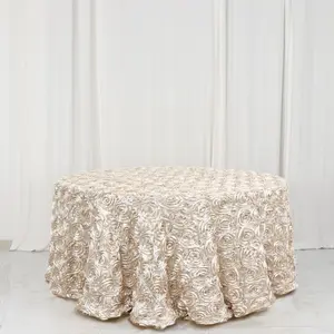 Satin Round Tablecloth 120" Beige - Grandiose 3D Rosette Table Cover