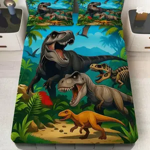 Dinosaur Jungle Jurassic Bedding Set, Halloween Theme, Decorative Thematic Prints, Soft Breathable, Includes Fitted Sheet and Pillowcases, Perfect for Living Room Bedroom, Decorative Use