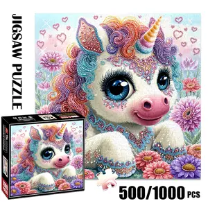 1pc 1000 piece adult puzzle 58x58cm Sparkling Unicorn with Colorful Mane and Flower Background 500 pieces of paper puzzle, suitable for adults and families, large-scale DIY puzzle interactive toy ga
