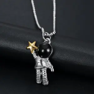 Unisex Stainless Steel Astronaut Star-Pendant Long Necklace Set with Steel Chain, Fashionable Jewelry, Exquisite Gift, Trendy Party Wear Costume Accessory,summerwins
