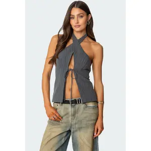 Split Front Pinstripe Halter Top