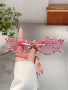 Women's New Fashion Cat Eye Glasses, Trendy Rhinestone Decorated Frame, Decorative Lens, Unique Candy Color Design, Perfect for Parties & Photoshoots