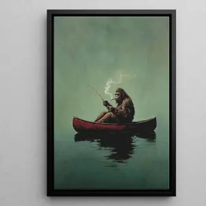 Sasquatch Fishing Vintage Poster – Sasquatch Canoe Wall Art for Home, Living Room, Bedroom & Office Decor – Western Style Canvas Print