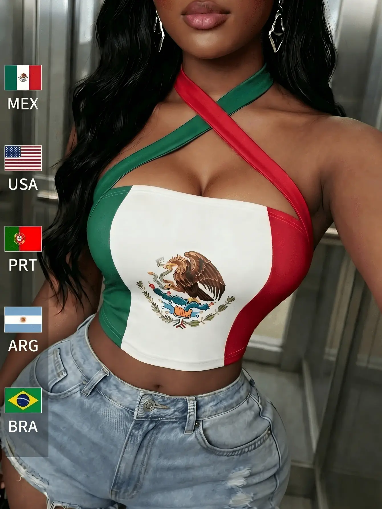Women's Casual Mexican Flag Print Criss-Cross Neckline Cropped Strapless Top Summer Daily Wear Vacation Travel