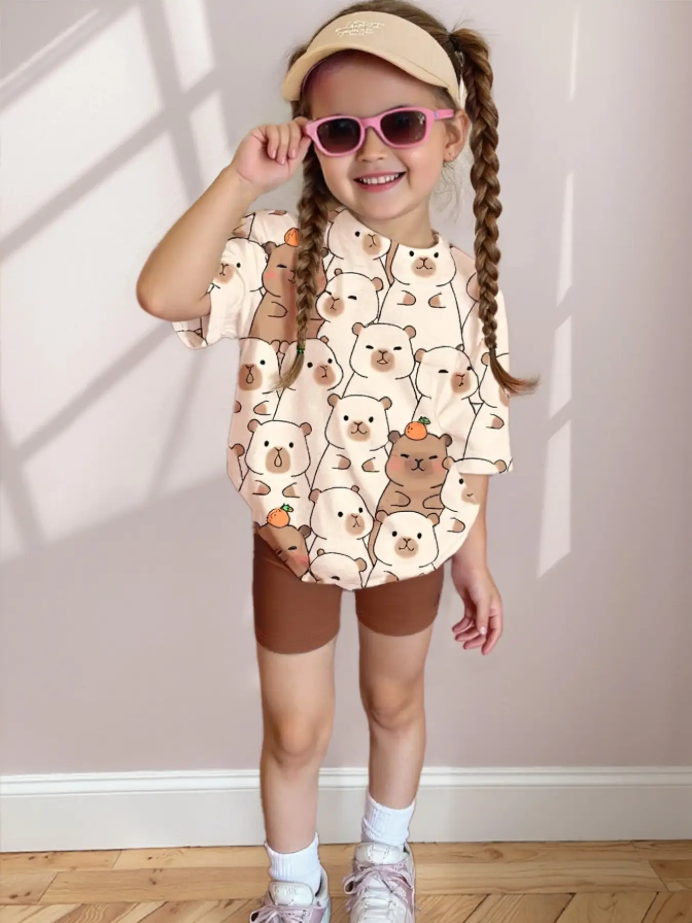 Girls Summer Set, Cute Cartoon Capybara Tee & Elastic Waist Shorts, Soft Skin-Friendly Fabric, Perfect Gift Idea, Casual Summer Set