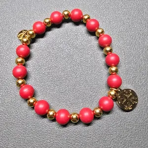Vintage Red and Gold Beaded Bracelet with Gold Coin Charm and Red Beads for Stylish Wear