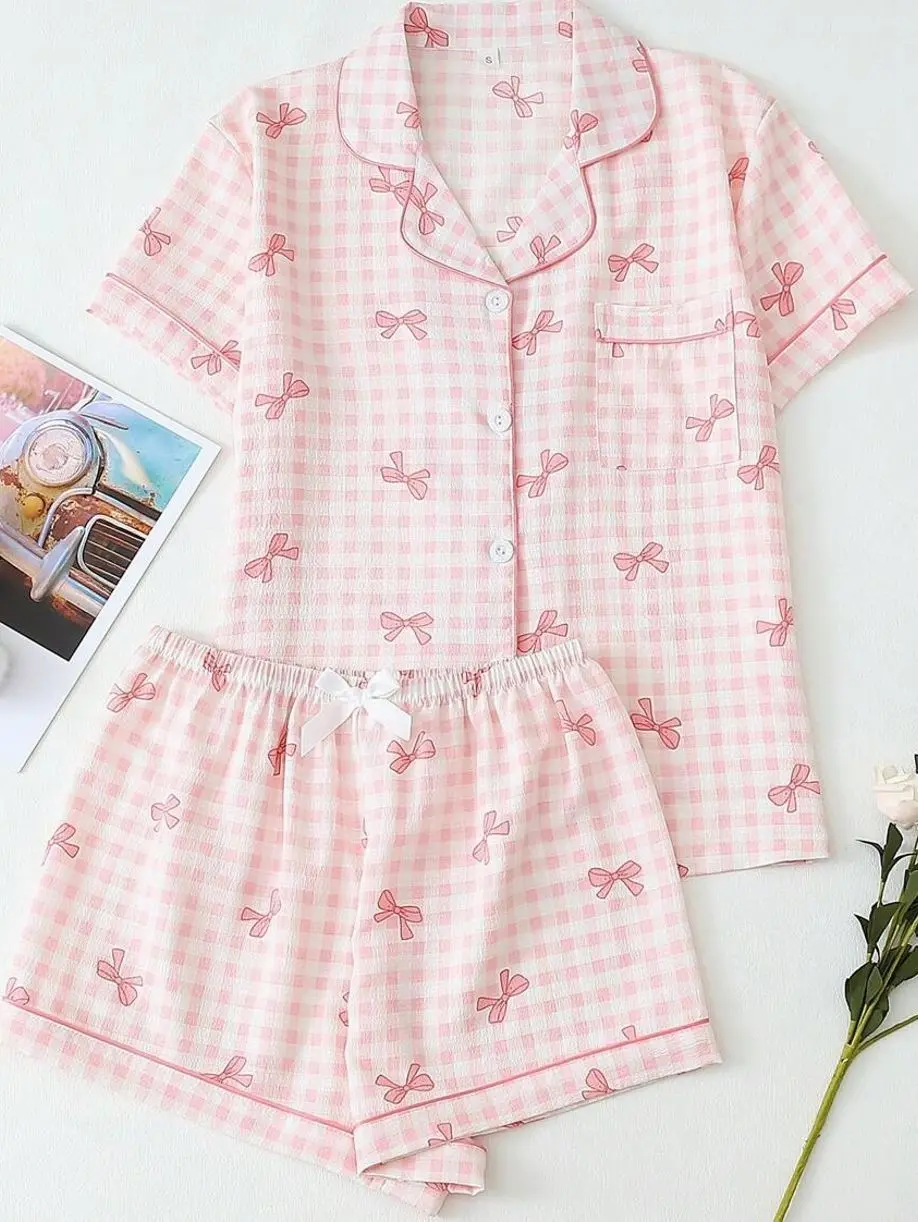 Women's Pink Gingham Bow Print Pajama Set, Short Sleeve Button Down Sleep Shirt with Drawstring Shorts, Soft Summer Loungewear
