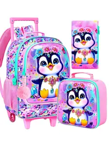 3pcs Cute Penguin Rolling Backpack Set for Girls, Sparkle Penguin with Flower Crown Print, Wheeled School Backpack, Insulated Lunch Bag
